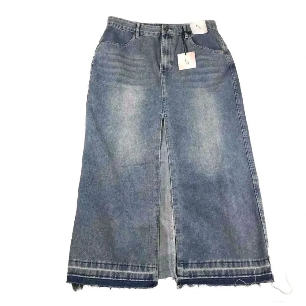 NWT Happily Grey Washed Denim 5 Midi Skirt Slit Frayed Hem‎ Whiskered Modest Y2K